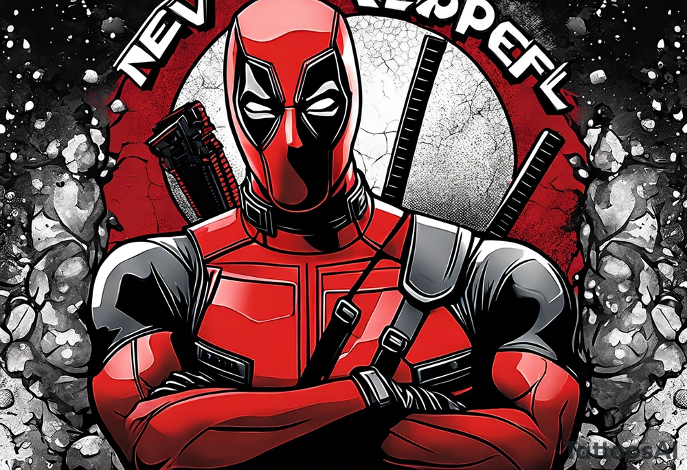 Banner with Text: A worn, dark banner wraps around Deadpool with the phrase "NEVER DEAD" in bold, cracked letters that give a strong and aggressive impression. The banner has small torn details, as if it’s been through rough conditions, with shading that adds depths. tattoo idea