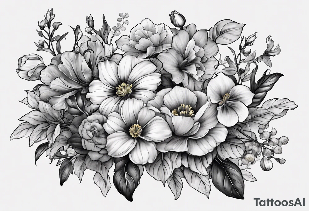 black and gray bunch of flowers with stems and leaves, three violets, one daffodil, five daisies, one rose, one morning glory, two marigolds, one chysanthemum tattoo idea