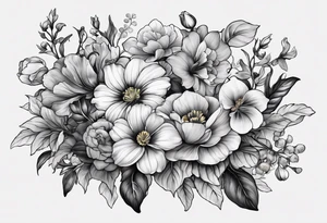 black and gray bunch of flowers with stems and leaves, three violets, one daffodil, five daisies, one rose, one morning glory, two marigolds, one chysanthemum tattoo idea