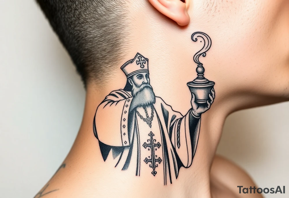 A Russian Orthodox Priest in full gold vestments swinging a censer with smoke curling upward tattoo idea