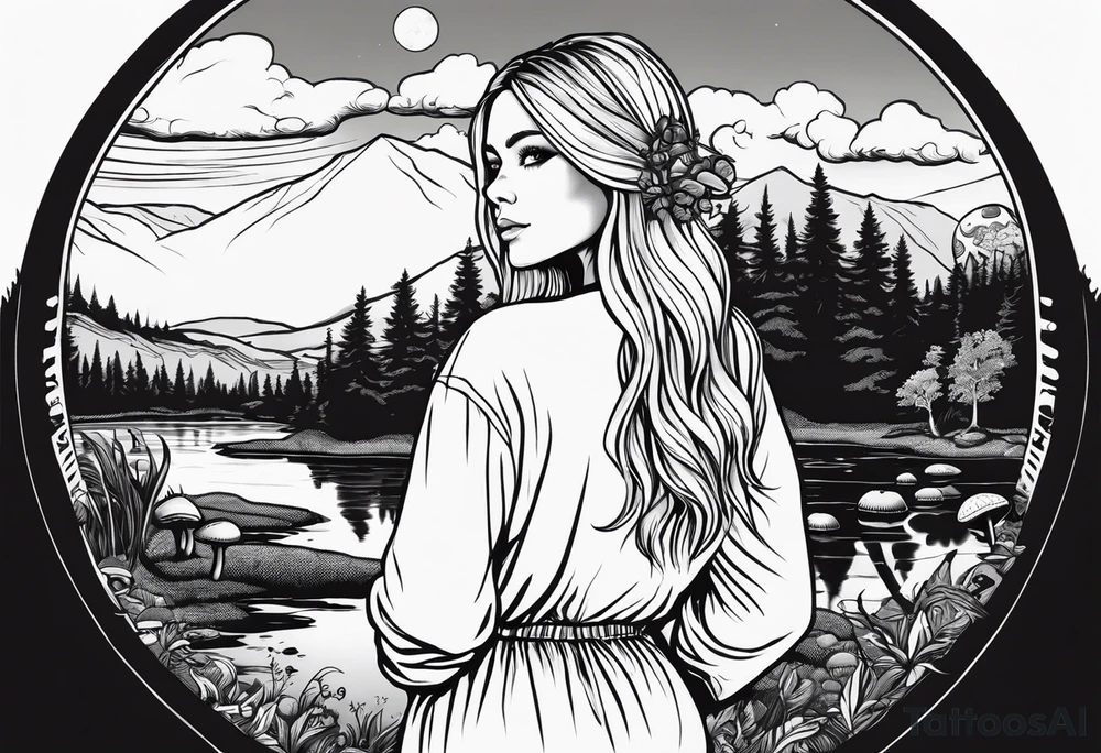 Whole picture encircled fully

Straight long blonde hair hippie girl in distance holding mushrooms in hand facing away toward mountains and creek surrounded by mushrooms long sleeve shirt and hiking pants; whole rendering within a full circle, no cut off circle tattoo idea