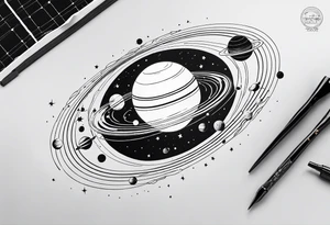 Fine line solar system tattoo of planets in orbit in alignment in a straight line tattoo idea