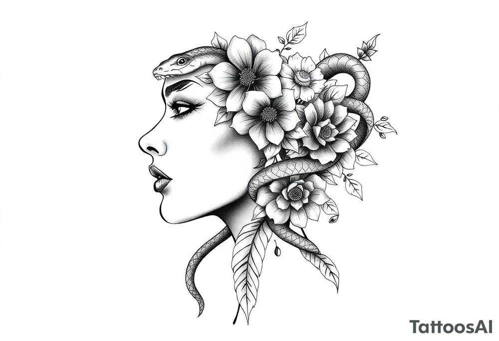 Powerful side profile woman’s face with flowers
And snakes heads and mandala tattoo idea