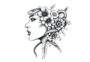 Powerful side profile woman’s face with flowers
And snakes heads and mandala tattoo idea