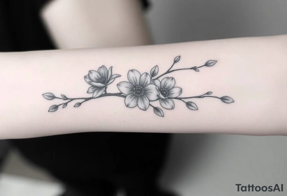 Long branch with magnolia flowers, in different blossom stages with botanical details, lines and dots tattoo idea