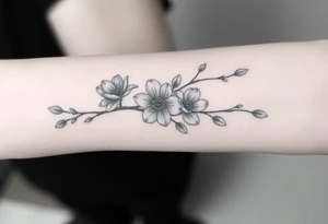 Long branch with magnolia flowers, in different blossom stages with botanical details, lines and dots tattoo idea