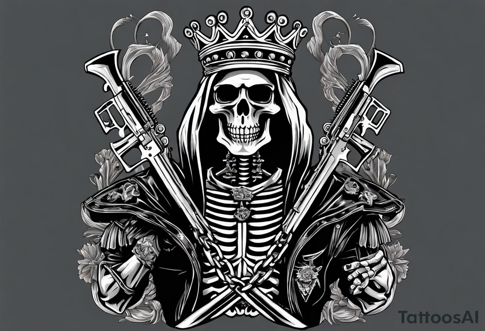 image of a skeleton standing frontally with a crown on his head, holding an AK-47 on his shoulder with his right hand. The chain on the left should be taut, there are three angry barking Dobermans in it, near the waist tattoo idea