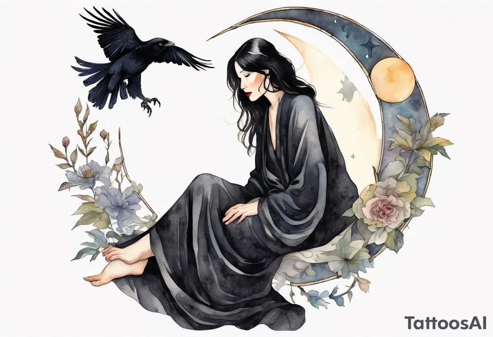 a beautiful 50 year old Dakota woman with pale skin wearing a black robe, standing on a crescent moon with bare feet, a raven on her shoulder tattoo idea
