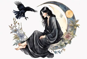 a beautiful 50 year old Dakota woman with pale skin wearing a black robe, standing on a crescent moon with bare feet, a raven on her shoulder tattoo idea