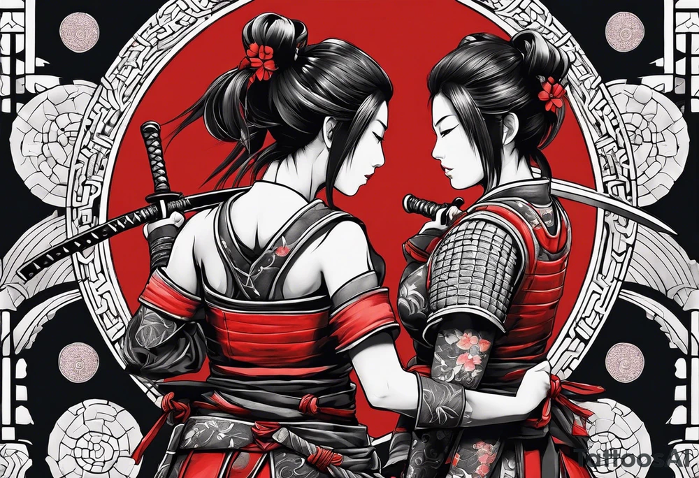 3 female samurais in body armor wielding dual swords, you can only see their backs, in front of a red incomplete enso circle tattoo idea