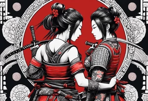 3 female samurais in body armor wielding dual swords, you can only see their backs, in front of a red incomplete enso circle tattoo idea