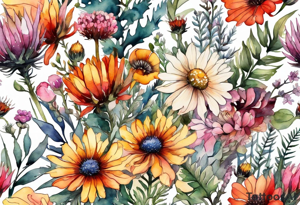 wildflowers with thistles, ferns, white flowers, pink flowers, burnt orange flowers, red flowers and yellow flowers all in watercolor tattoo idea