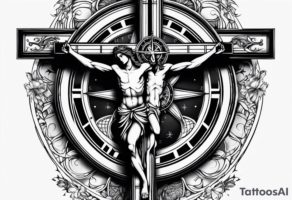 Crucifix with clock and compass in the middle tattoo idea