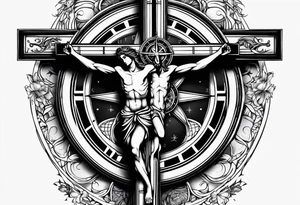 Crucifix with clock and compass in the middle tattoo idea