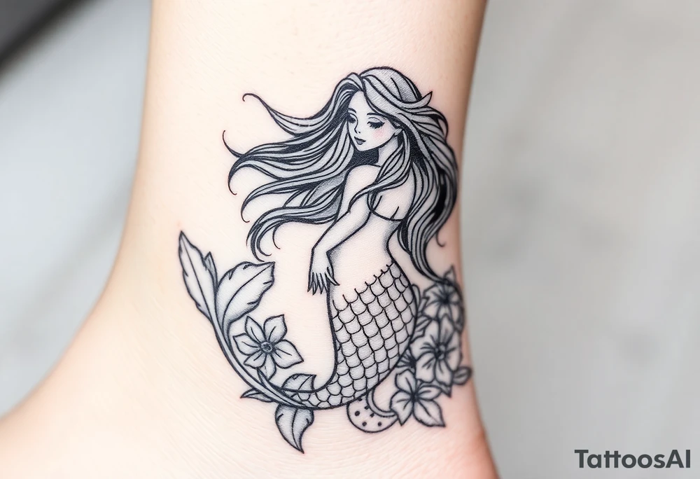 ethereal mermaid with flowing hair among coral and sea flowers tattoo idea