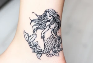 ethereal mermaid with flowing hair among coral and sea flowers tattoo idea