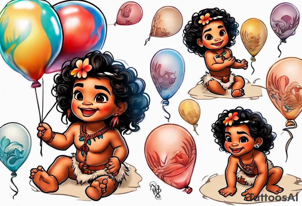 baby moana reaching for balloons tattoo idea