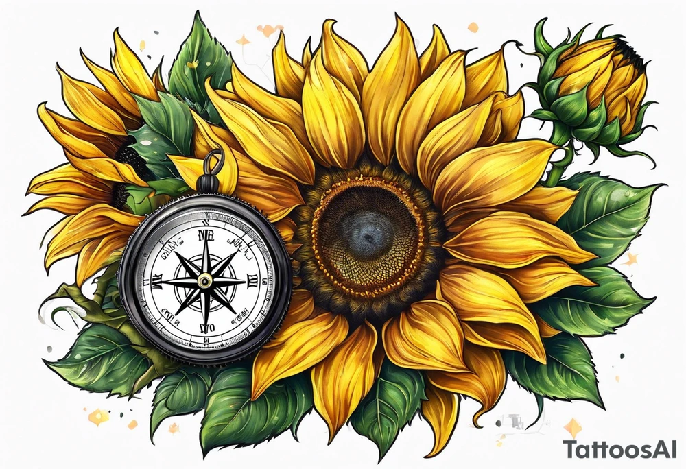 Sunflower next to a compass tattoo idea