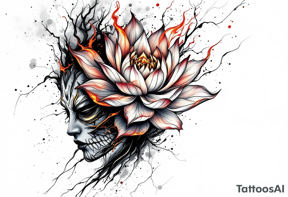 Burnt hannya mask with lotus flower on bakcdrop tattoo idea