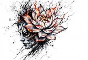 Burnt hannya mask with lotus flower on bakcdrop tattoo idea