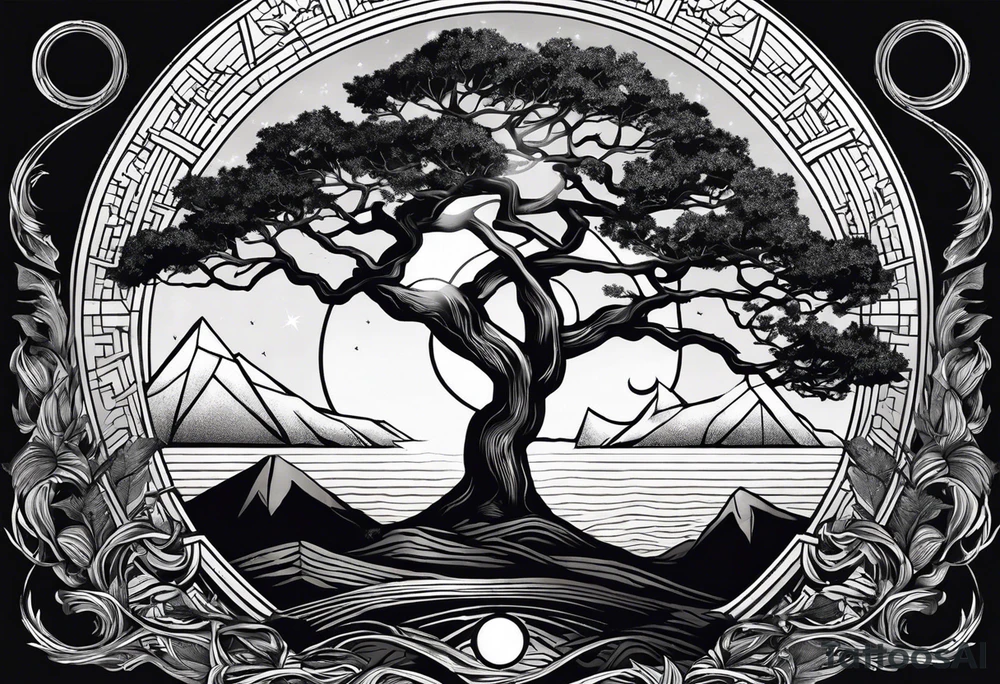 Oak tree by a flowing river with mountains and the sun and crescent moon in the background all inside of a geometric triangle. Some of the image will utilize negative space tattoo idea