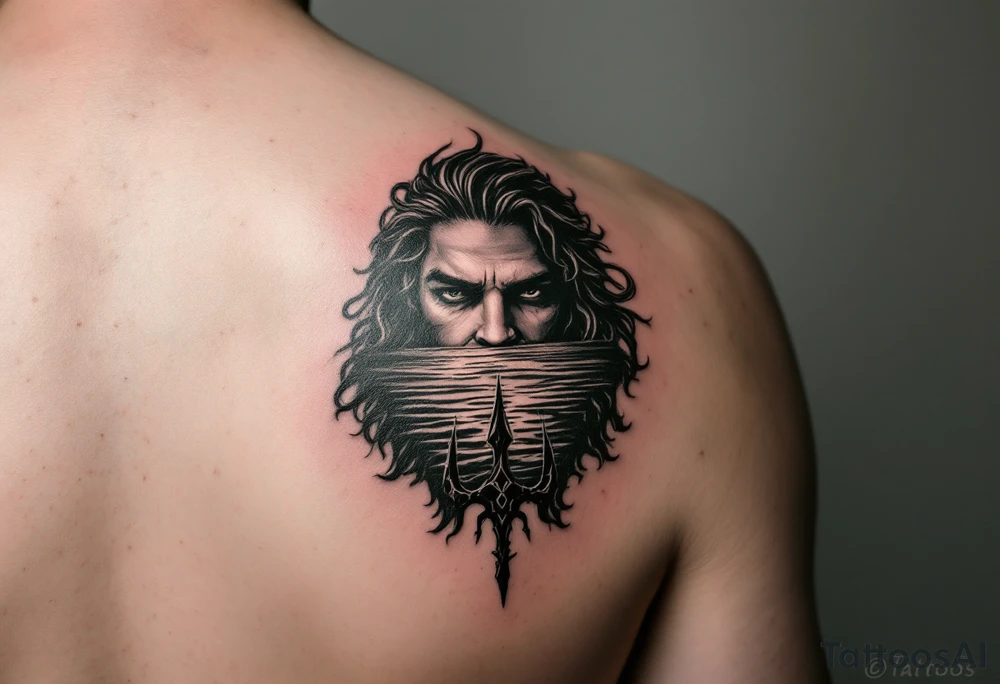trident with Poseidon half way under calm water at sunset tattoo idea