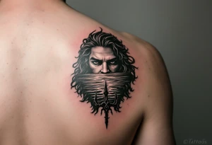 trident with Poseidon half way under calm water at sunset tattoo idea