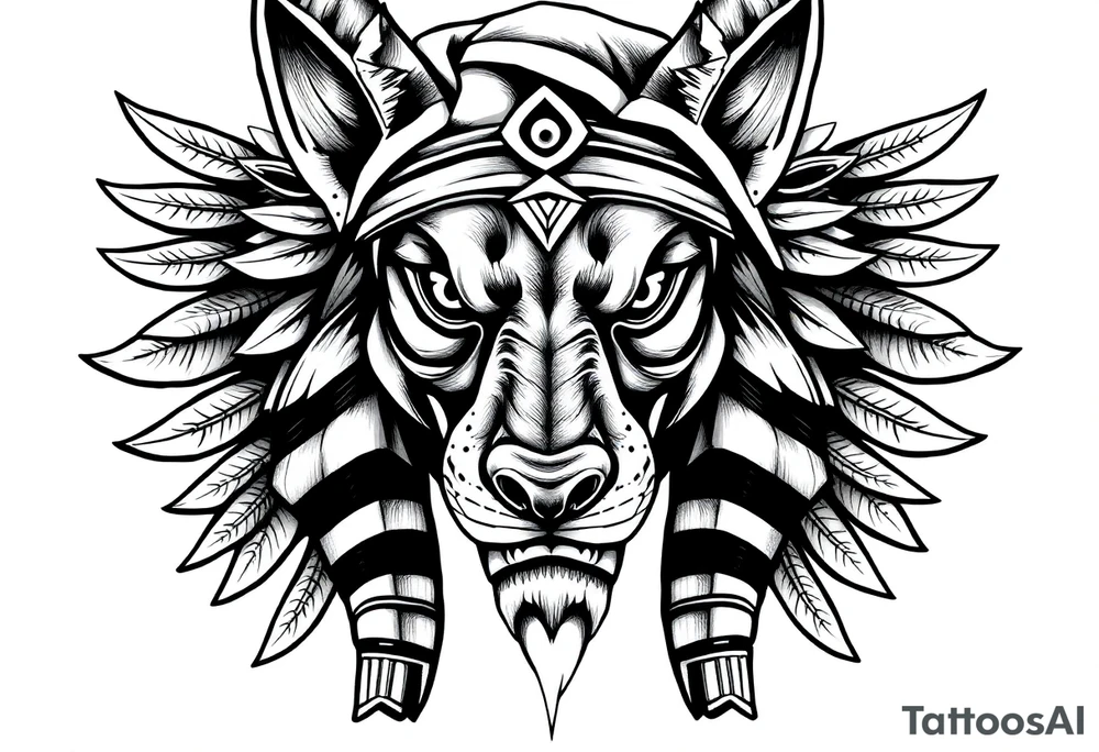 Anubis god powerful face muscle in Egypt style with mantle on head dog face surrounded Egyptian symbols tattoo idea