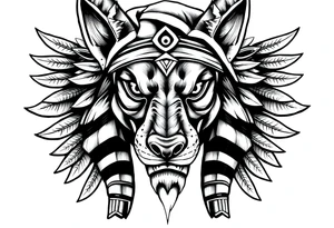 Anubis god powerful face muscle in Egypt style with mantle on head dog face surrounded Egyptian symbols tattoo idea