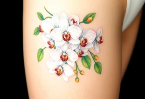 A cluster of white orchids cascading down a shoulder, surrounded by soft green leaves and golden accents. tattoo idea