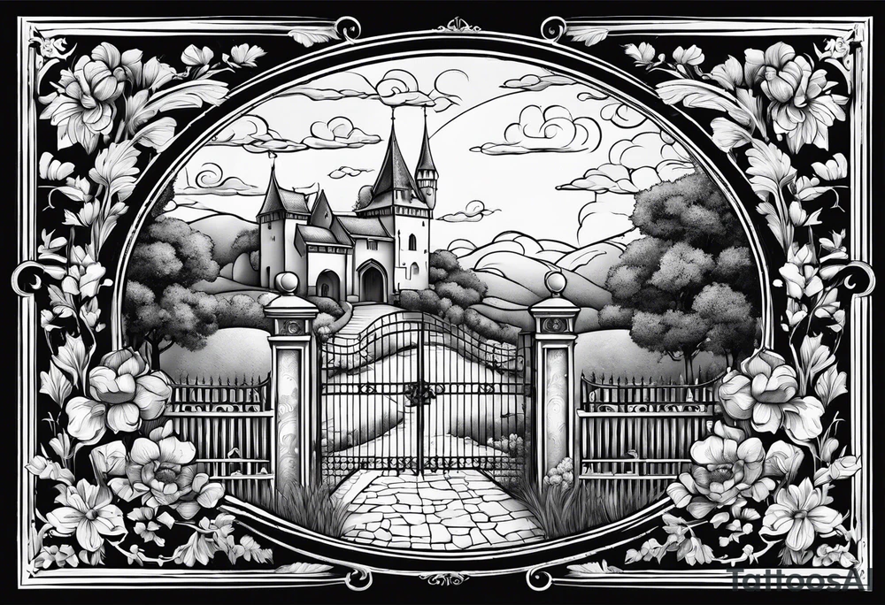 night medieval town garden open gate entrance 
 in circle vignette surrounded by clouds floral tattoo idea