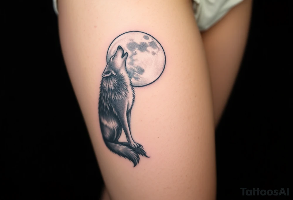 lone wolf howling at full moon with northern lights backdrop tattoo idea