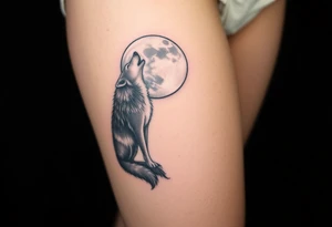 lone wolf howling at full moon with northern lights backdrop tattoo idea