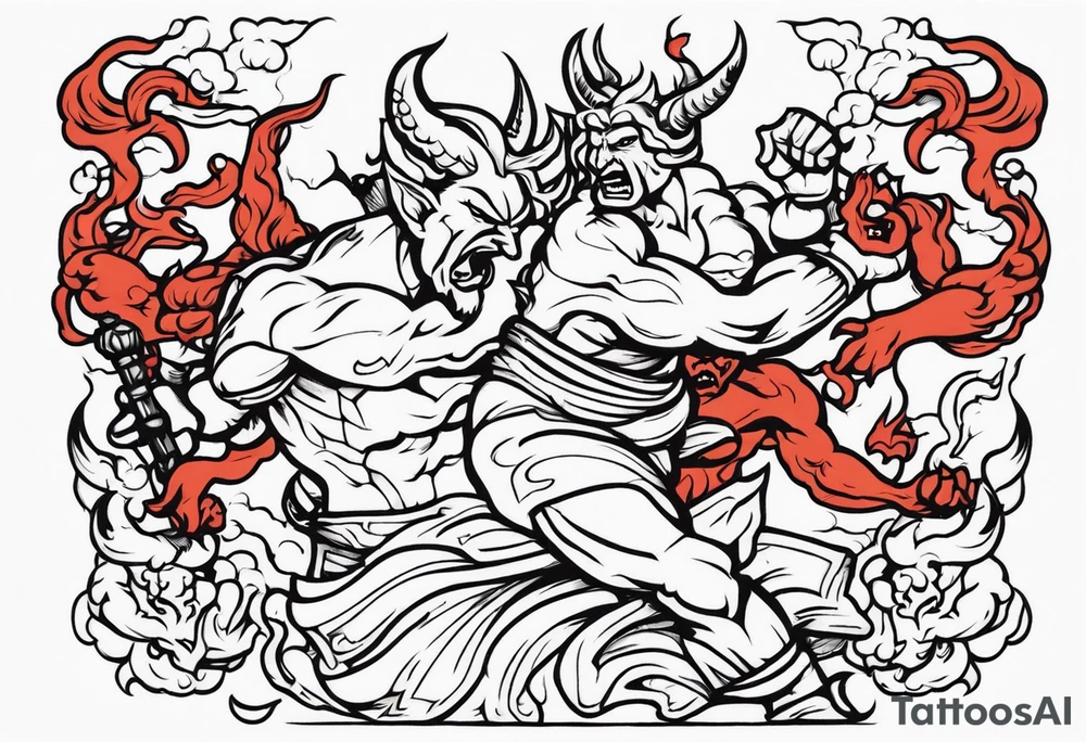 male fighting demons tattoo idea