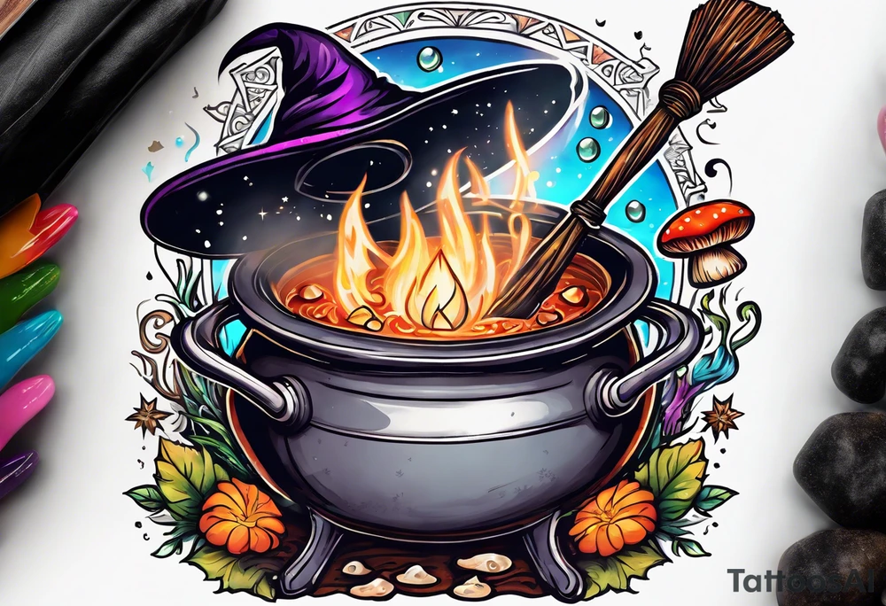 Witchy vibes with a broom, boiling pot, spell book, crystals, and mushrooms tattoo idea