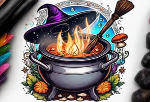 Witchy vibes with a broom, boiling pot, spell book, crystals, and mushrooms tattoo idea