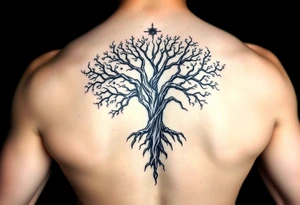 mystical tree of life with cosmic roots and celestial branches tattoo idea