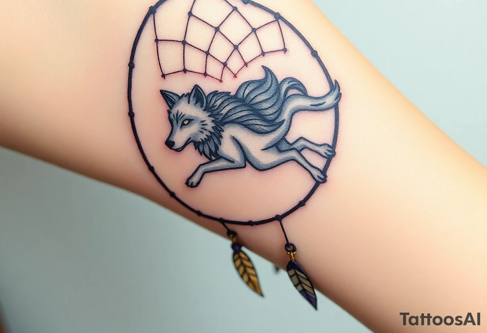 A wolf running through a dreamcatcher, with dreamcatcher threads trailing behind it, giving a sense of movement. The wolf is painted in silver and white, and the threads are in golden yellow and purple. tattoo idea