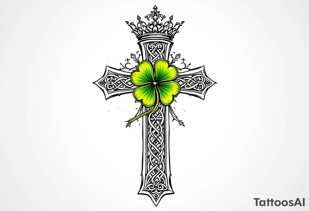 Masculine Celtic cross tattoo featuring intricate knotwork patterns along the arms and base of the cross. At the heart of the cross, place a vibrant four-leaf clover, its leaves shaded with subtle gradients of green, symbolizing luck and unity. Above the cross, incorporate a regal crown adorned with ornate details, such as small gemstones or filigree, to signify authority and strength. Behind the cross add more celtic knots and a celtic tree of life tattoo idea
