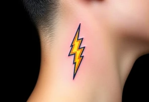 A bold, electrifying lightning bolt tattoo, designed with sharp, angular edges and a dynamic, jagged shape. The bolt glows with an intense yellow core, fading into blue at the edges. tattoo idea