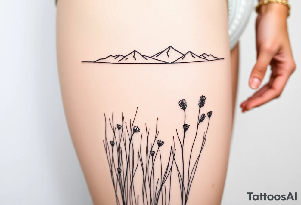 A field with long grass and flowers with mountains in the background tattoo idea