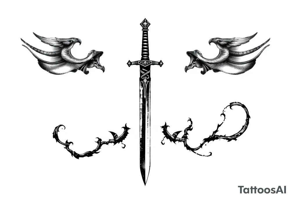 Life, sword, ambition, relentless, happiness tattoo idea