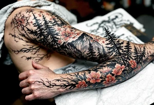 evergreen forest with sakura trees tattoo idea