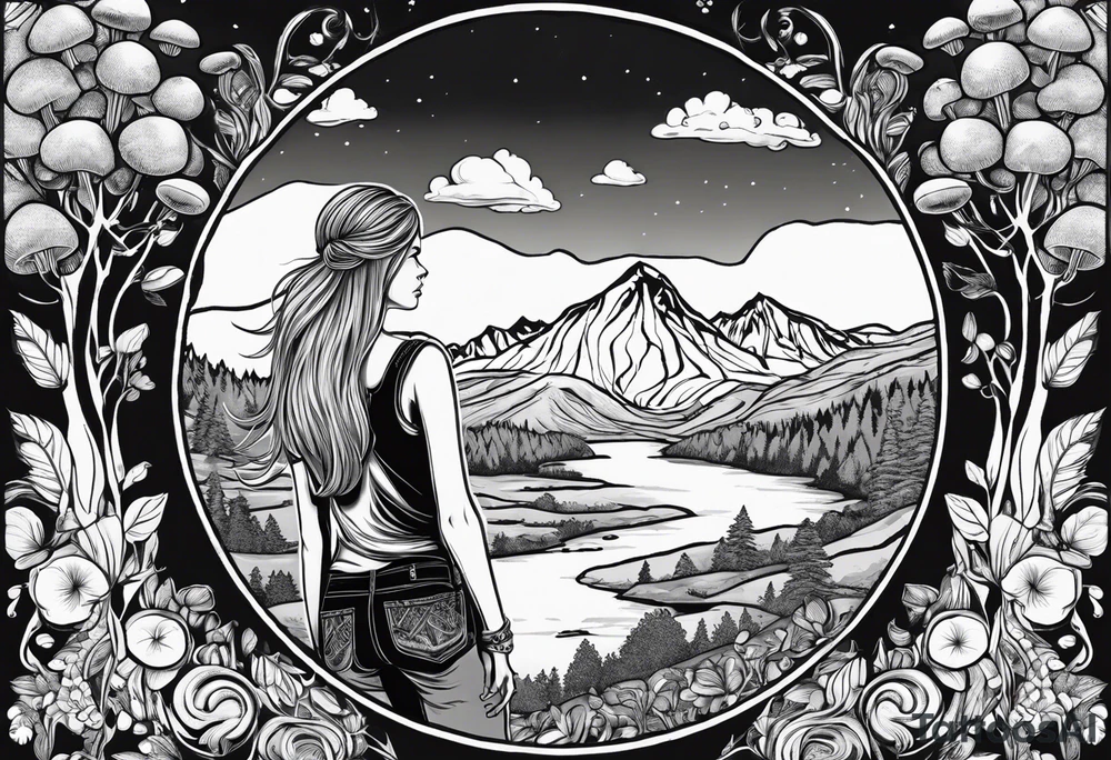 Straight long blonde hair hippie girl in distance holding mushrooms in hand facing away toward mountains and creek surrounded by mushrooms tee shirt and hiking pants; whole rendering within a full circle, no cut off circle tattoo idea