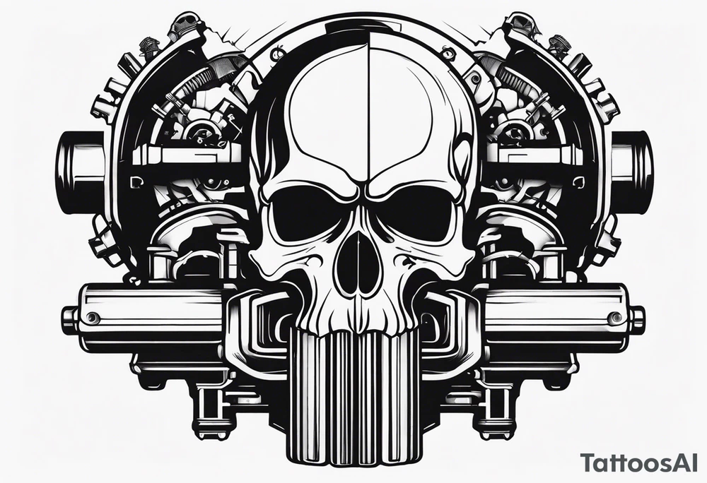 Powerful skull and engine, in this appears a piston and a turbo, also the dseign must be vertical. Also, the desing must be minimalistic not saturated. Remember the vertical proportion of the design tattoo idea