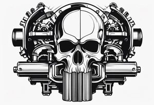 Powerful skull and engine, in this appears a piston and a turbo, also the dseign must be vertical. Also, the desing must be minimalistic not saturated. Remember the vertical proportion of the design tattoo idea