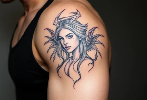 beautiful woman Who is half a angel and half demon tattoo idea