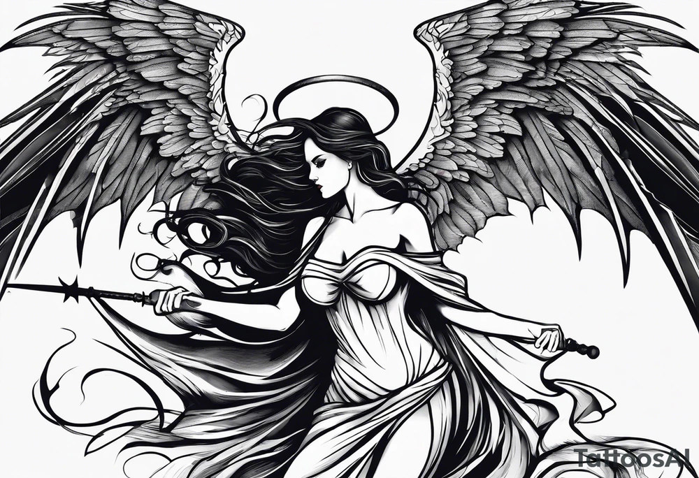 angel woman and devil woman fighting, arguing on the sky , big wings and full body, angel at the right side and have normal wing but devil woman at the left side and with bat wing tattoo idea