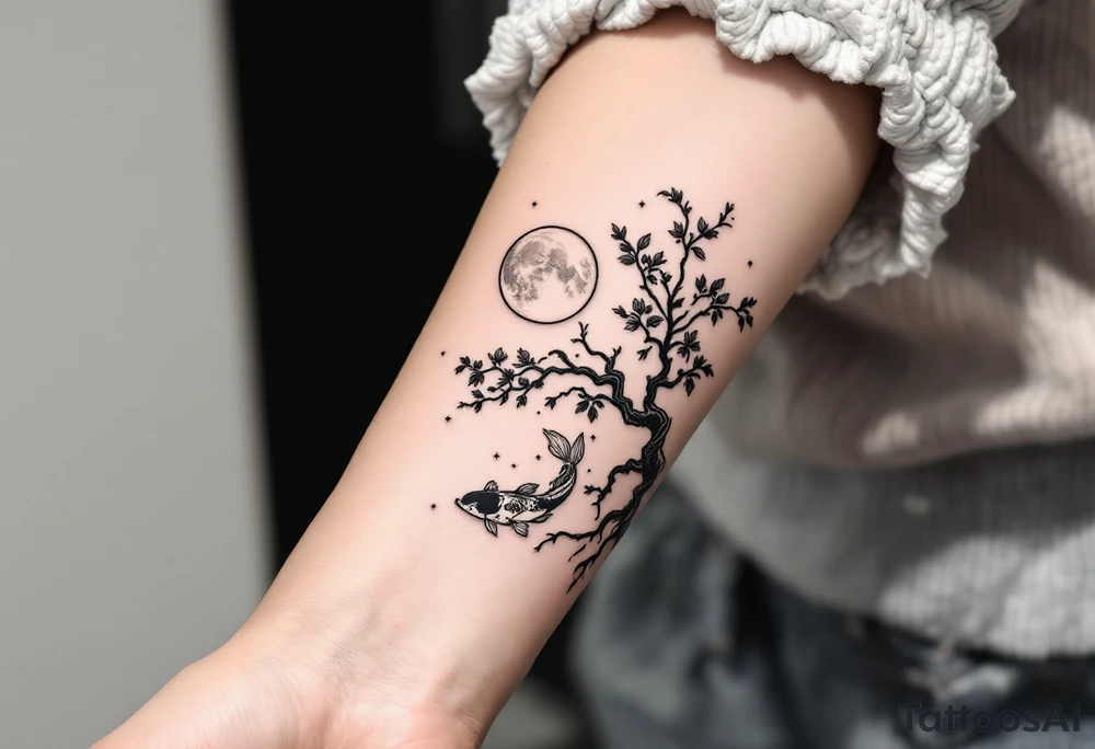 sakura tree, a moon, a koi fish with line work tattoo idea