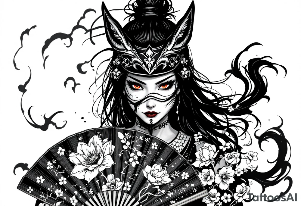 Woman samurai with red eyes wearing an half and broken kitsune mask, holding a japanese fan with belamcada flowers tattoo idea